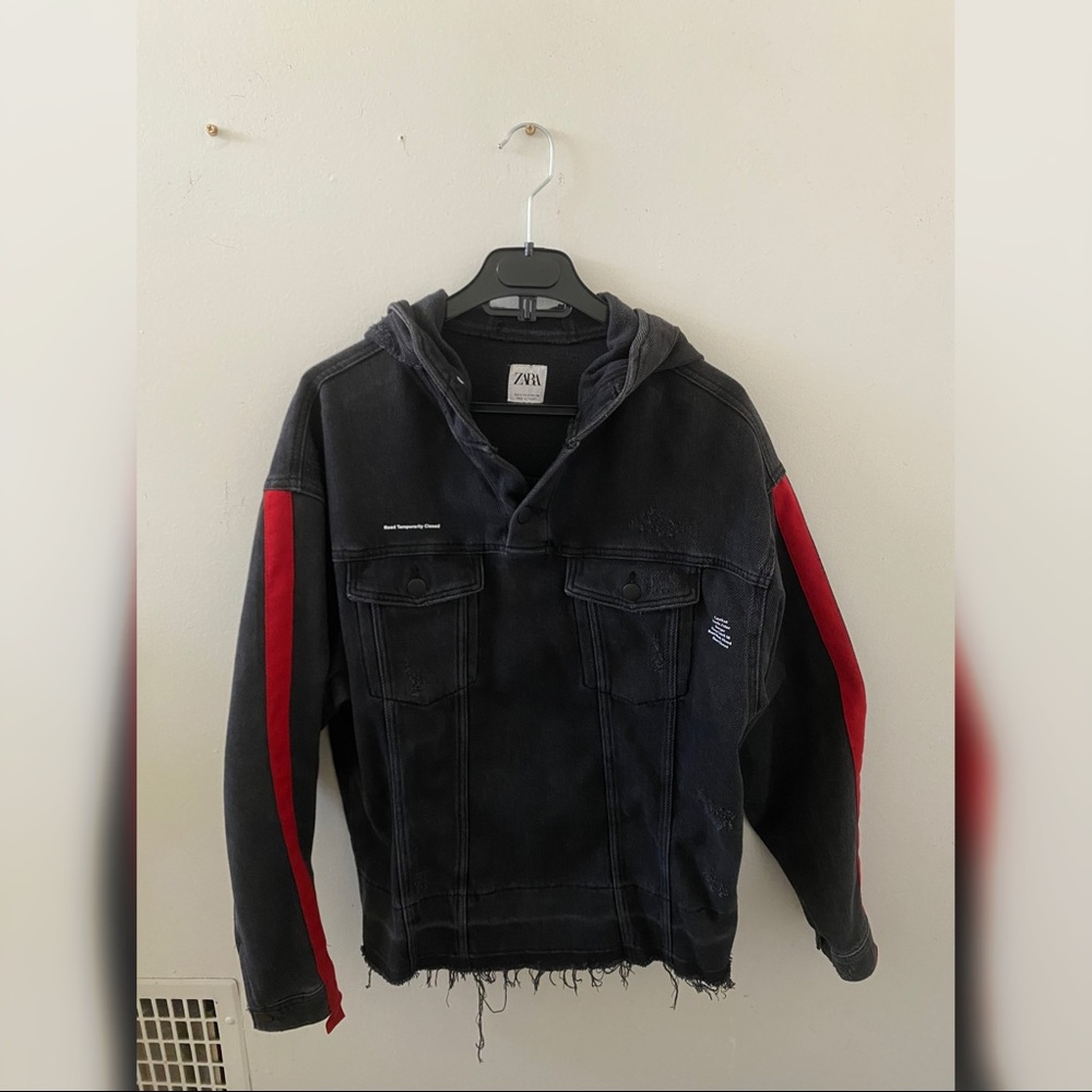 Zara Man Jean Jacket Hoodie With Stripes Size Small